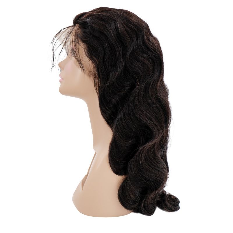 A mannequin head showcases the Virgin Body Wave Full Lace Wig by hairdiamondz, presenting long, dark virgin human hair styled in soft curls. This full lace wig elegantly falls down the side of the mannequin's face, captured in a profile view.