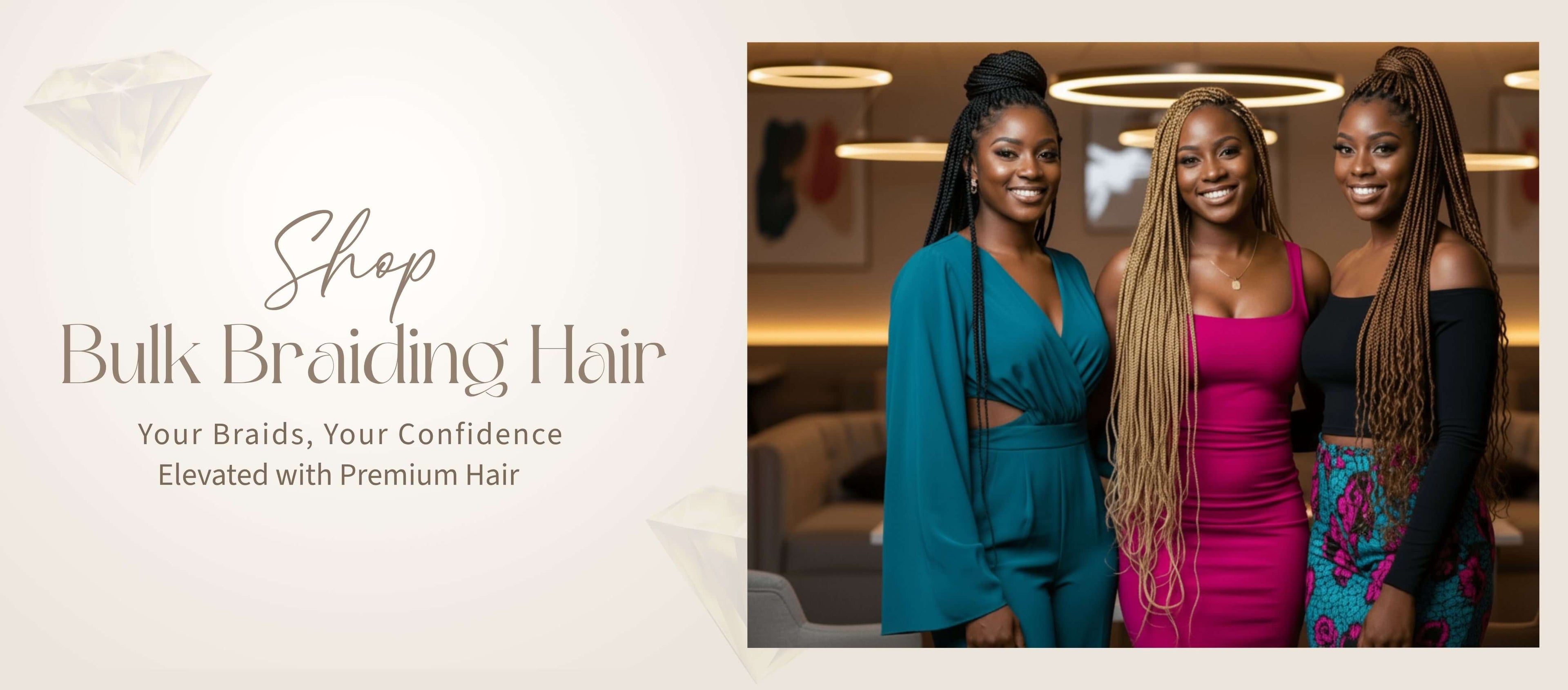 Three women with long box braids and twist braids in black, blonde, and brown bulk braiding hair