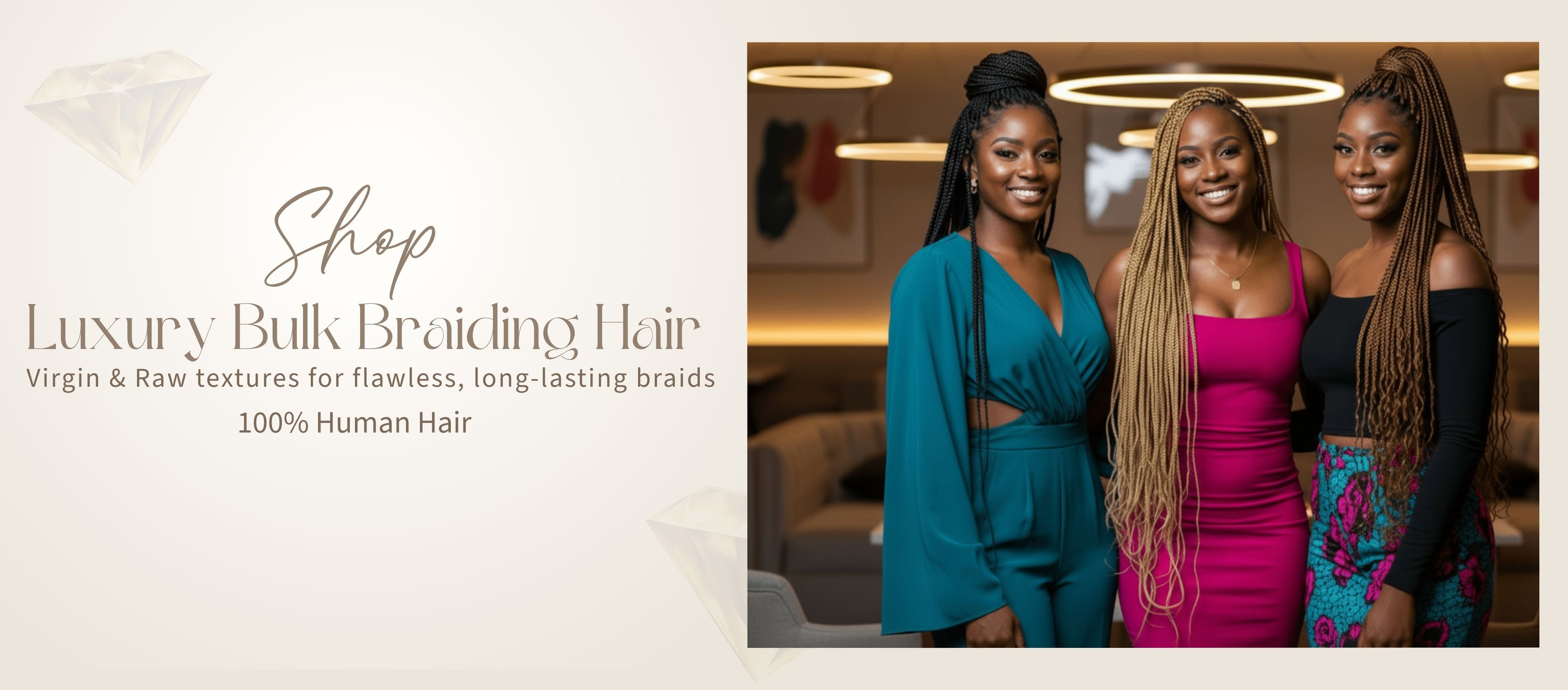 Three black women wearing boho knotless braids styles using virgin human bulk braiding hair deep wave and curly textures