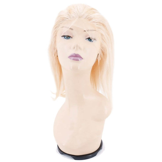 Front View of a  Blonde Straight Bob  Wig on a mannequin head 