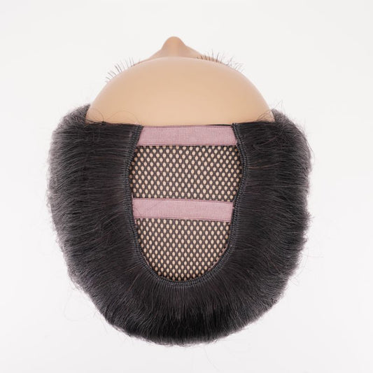 Viewed from above, a mannequin head features the hairdiamondz Brazilian Body Wave U-Part Wig, displaying a black mesh base and dark synthetic hair styled on the sides and back. This partial wig elegantly mimics Brazilian Body Wave textures against a plain white background.