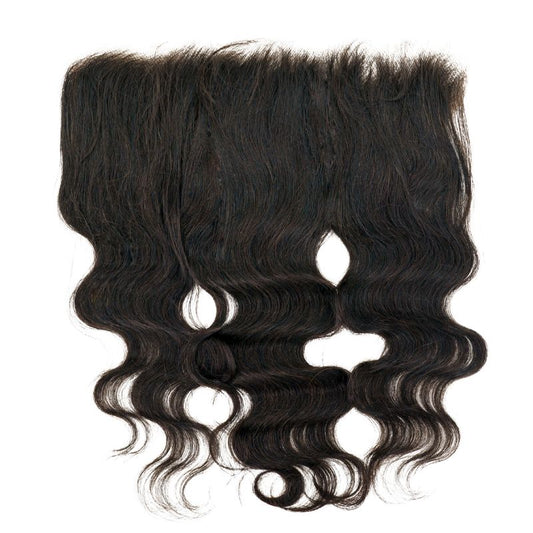A luxurious bundle of hairdiamondz's Brazilian Body Wave HD 13"x6" Frontal extensions, featuring glossy, wavy dark brown strands, is displayed in a vertical layout against a white background.
