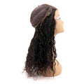 A mannequin head showcases the Messy Curl Transparent Closure Wig by hairdiamondz, featuring long, curly black virgin hair with a visible cap underside. The side view against a plain background emphasizes the wig's natural appearance.