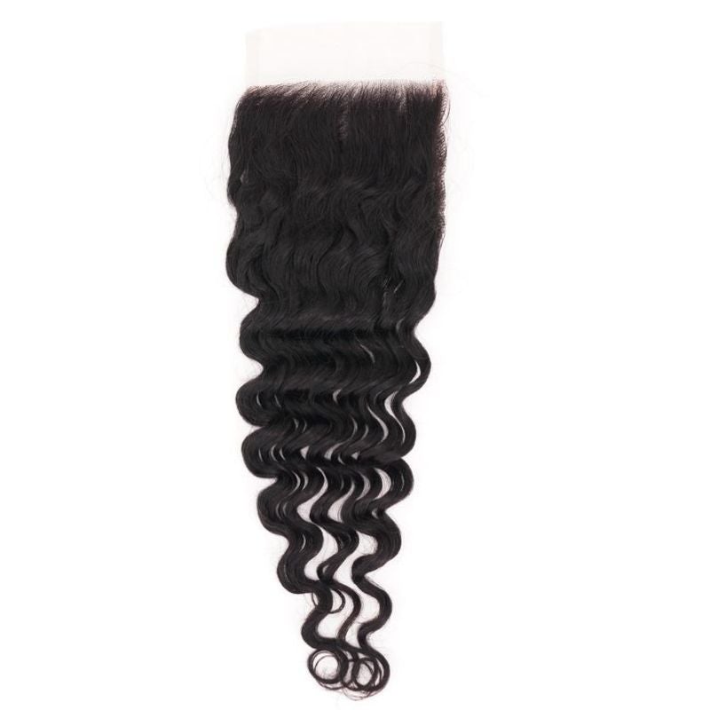 Brazilian Deep Wave 5x5 HD Closure, showcasing curly, dark virgin hair extensions with defined deep wave patterns that cascade down in spiral curls. The HD lace base at the top ensures seamless blending with natural hair.