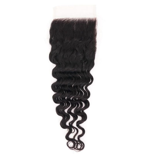 Brazilian Deep Wave 5x5 HD Closure, showcasing curly, dark virgin hair extensions with defined deep wave patterns that cascade down in spiral curls. The HD lace base at the top ensures seamless blending with natural hair.