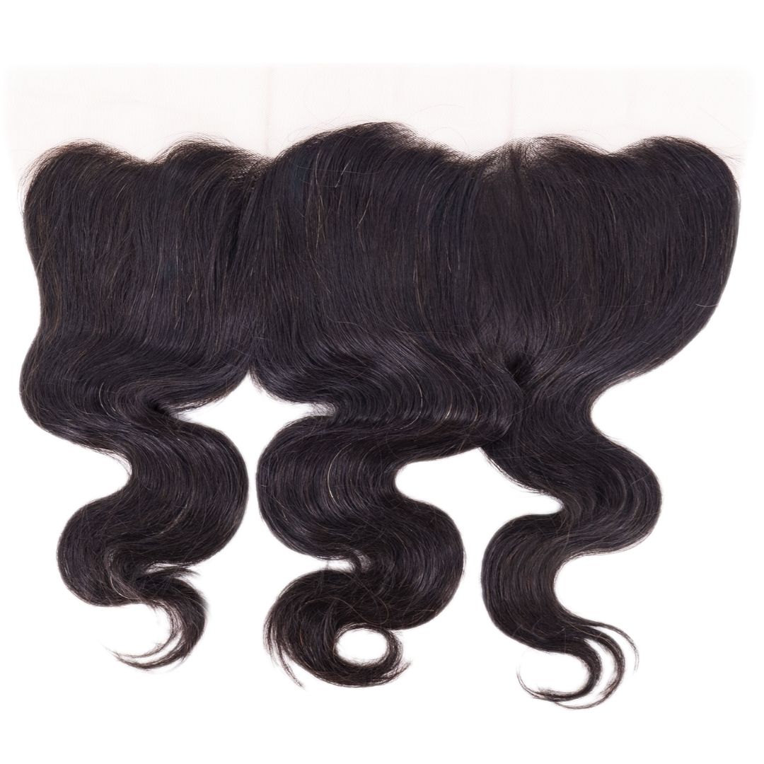 A set of three bundles of Virgin Brazilian Human Hair extensions by hairdiamondz, showcasing a dark, glossy finish and neatly arranged side by side on a white surface. The Brazilian Body Wave Frontal closure features a natural hairline, providing a smooth and wavy texture.