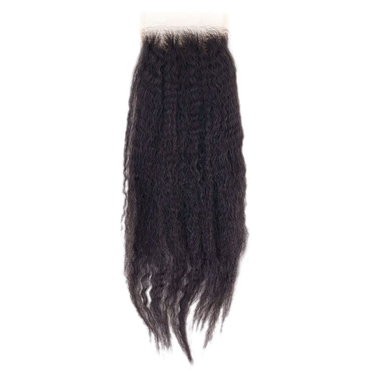 A long hair extension from hairdiamondz, specifically their Brazilian Kinky Straight Closure, is laid out vertically against a white background. The dark brown, wavy texture appears natural and coarse.