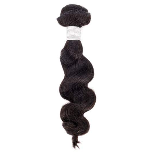 A bundle of Brazilian Loose Wave hair extensions from hairdiamondz, characterized by their dark brown, wavy appearance and neatly wrapped with a silver tie at the top. This virgin hair shines with a glossy sheen, offering a smooth and well-conditioned look.
