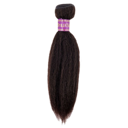 A bundle of Brazilian Kinky Straight Hair extensions from hairdiamondz, featuring a natural Virgin Hair texture. The dark brown strands are secured at the top with a purple band labeled "Brazilian," and they gracefully taper towards the end.