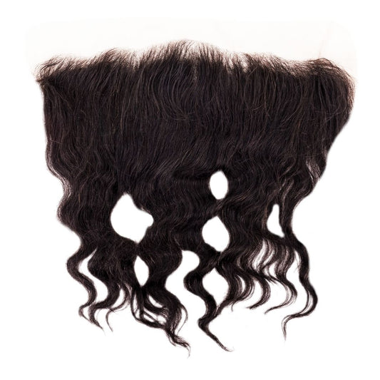 The Brazilian Loose Wave Frontal, made of virgin Brazilian human hair, is displayed against a white background with black wavy curls cascading down.