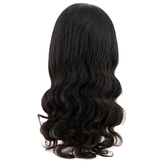 The Back View of a Body Wave Headband Wig on a Mannequin