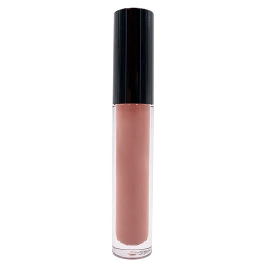 The Copper Penny Matte Lipstick, featuring a nude shade and long-lasting formula with moisturizing elements, stands upright with a black cap against a white background, offering the perfect matte finish.