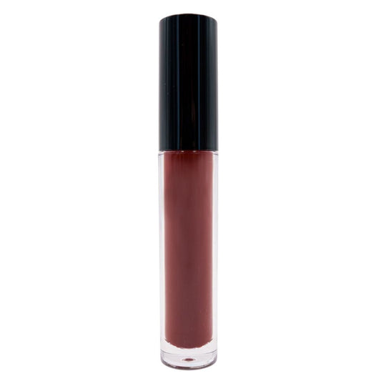 A cylindrical tube of Deep Scarlet Matte Lipstick featuring a black cap and rich brown shade nestled inside a transparent container, stands upright against a plain white background.