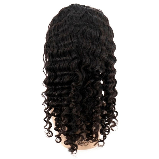Displayed on a mannequin head is the Deep Wave Headband Wig by hairdiamondz, featuring cascading tight spiral curls in a lustrous black finish. This elegant wig embodies the sophistication of virgin hair against a neutral background.