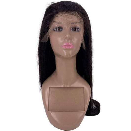A mannequin head featuring the hairdiamondz HD Straight Lace Front Wig with long, flowing hair. The black lace front wig highlights vivid pink lips on the neutral face, set against a plain background.
