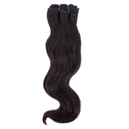 A bundle of Indian Wavy Hair Extensions from hairdiamondz, featuring long strands of dark brown hair with a subtle curl at the ends, set against a white background and offering top-notch quality.
