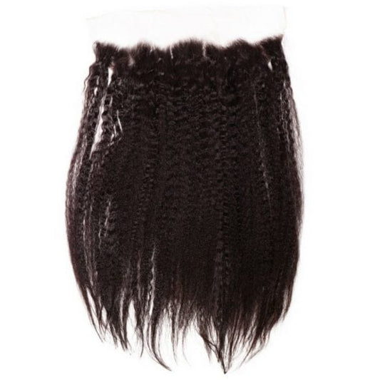 The Brazilian Kinky Straight Lace Frontal bundle offers black, virgin Brazilian human hair extensions with a natural texture and appearance, perfect for creative hairstyling.