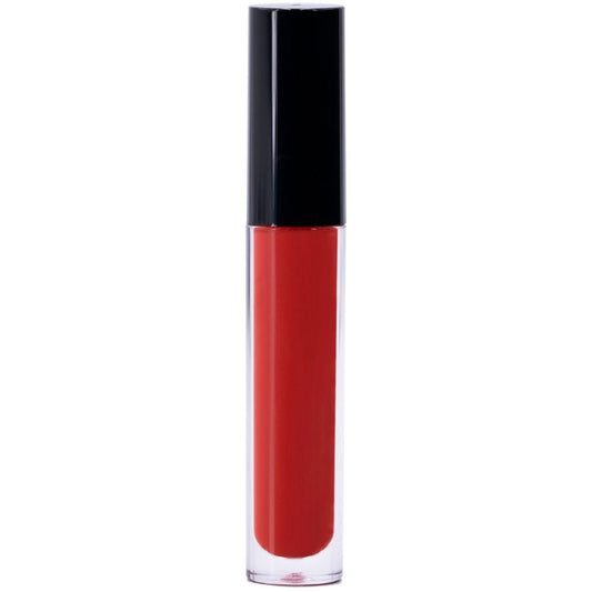 The Bold Red Lip Gloss, featuring a black cap, stands upright against a white background and boasts a non-sticky formula.