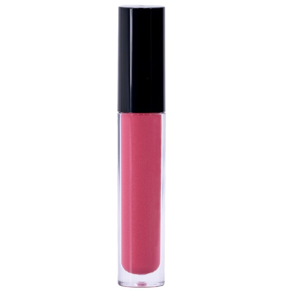The Cranberry Lip Gloss has a non-sticky formula, is packaged in a clear tube with a black cap, and is displayed standing upright against a white background.