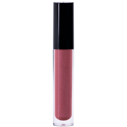 The Crimson Pink Glitter Lip Gloss boasts a non-sticky formula in a sleek tube with a black cap. Its shimmer finish sparkles against the white background, creating an eye-catching and chic look.