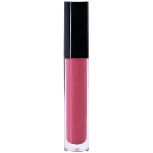 A tube of Violet Red Glitter Lip Gloss with a non-sticky formula and black cap is displayed upright against a plain white background, the sleek transparent container elegantly highlighting the shimmering pink gloss inside.