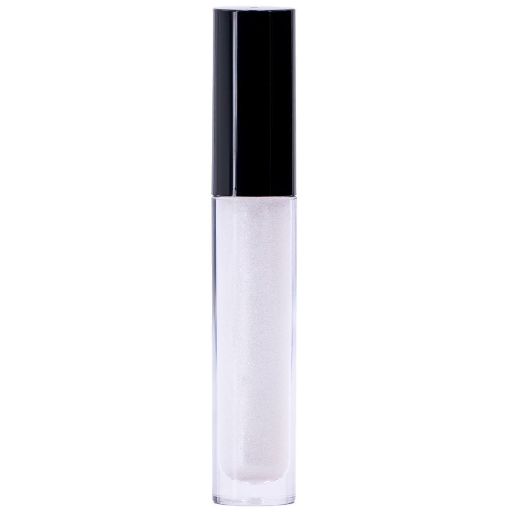 The White Glitter Lip Gloss comes in a sleek, clear tube with a black cap, featuring a non-sticky formula and filled with white glitter for a dazzling shimmer.