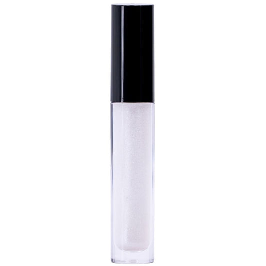 The White Glitter Lip Gloss comes in a sleek, clear tube with a black cap, featuring a non-sticky formula and filled with white glitter for a dazzling shimmer.