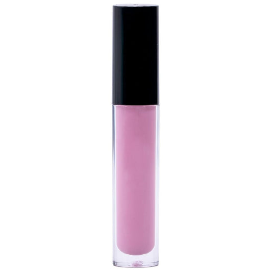A clear tube of Magenta Pink Lip Gloss by hairdiamondz, featuring a black cap, provides a moisturizing shine with a non-sticky formula, displayed against a white background.