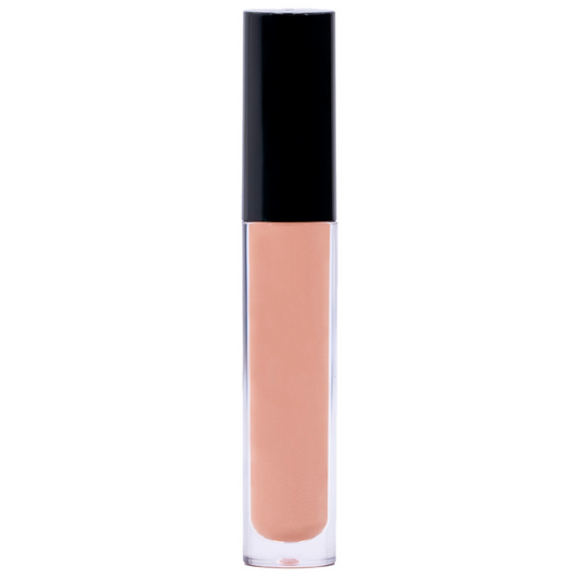 A tube of Petite Orchid Lip Gloss, featuring a nude hue with a non-sticky formula and moisturizing shine, stands upright against a white background with a sleek black cap.