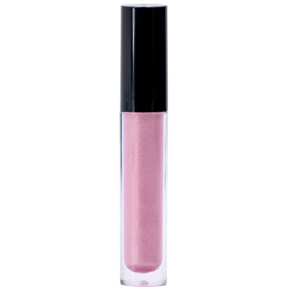 Discover the Flare Pink Glitter Lip Gloss, featuring a non-sticky formula with a shimmer finish. This pink gloss comes in a transparent container with a black cap, elegantly displaying its vibrant color.