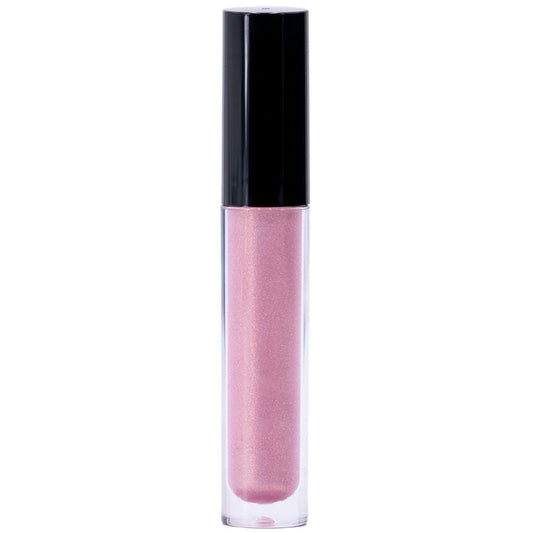 Discover the Flare Pink Glitter Lip Gloss, featuring a non-sticky formula with a shimmer finish. This pink gloss comes in a transparent container with a black cap, elegantly displaying its vibrant color.