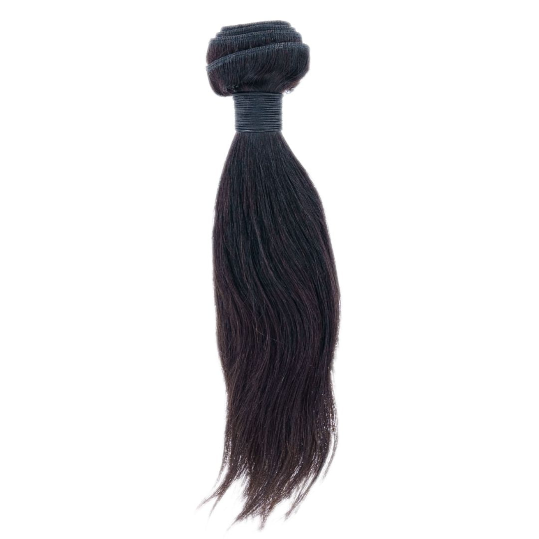 The hairdiamondz Malaysian Straight hair extensions bundle, known for its long and sleek appearance, boasts a smooth, glossy texture and is neatly tied at one end.