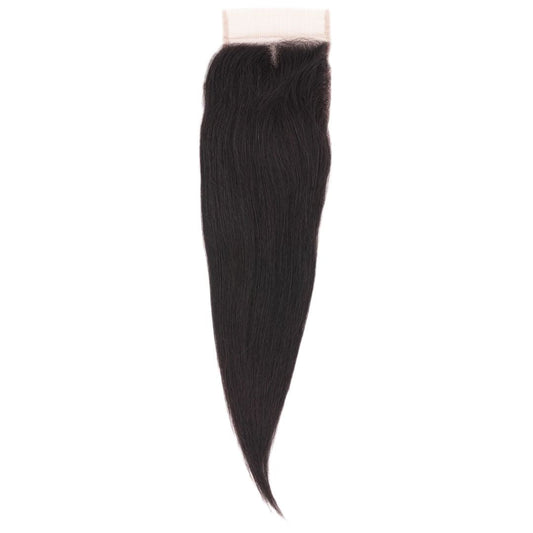 The Malaysian Silky Straight Closure by hairdiamondz is laid flat against a plain white background, showcasing its sleek elegance with a rectangular white attachment at the top.