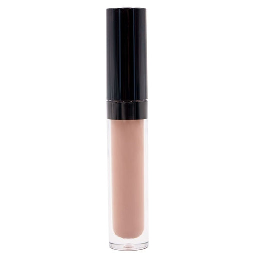 The Rose Brown Matte Lipstick, a tube of durable nude liquid lipstick with a glossy black cap and moisturizing ingredients, is displayed upright on a white background.