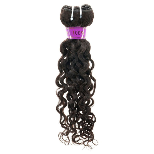 A bundle of hairdiamondz Brazilian Spanish Wave extensions, exhibiting a dark brown, wavy texture and neatly tied with a purple band labeled 100%. This virgin hair is long and soft with flowing curls that are distinctly defined.