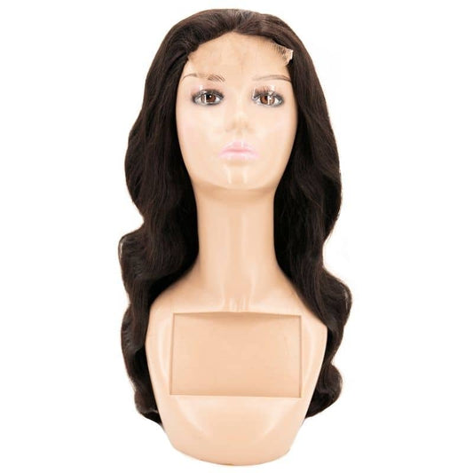 A mannequin head displays the hairdiamondz Body Wave Transparent Closure Wig, featuring 100% human hair in a long, wavy style and dark brown color. The mannequin has a smooth, light-tan complexion with a blank expression, and the wig includes a lace front part for an authentic appearance.