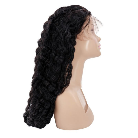 A mannequin head showcases the hairdiamondz Deep Wave Front Lace Wig against a white background. This wig, made of virgin hair, highlights a natural-looking hairline and gracefully drapes past the mannequin's shoulders.