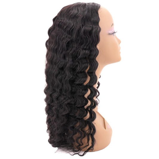 The Brazilian Deep Wave U-Part Wig by hairdiamondz is displayed in profile against a plain background, with its long, wavy black virgin hair cascading evenly past the shoulders to highlight its texture and length.