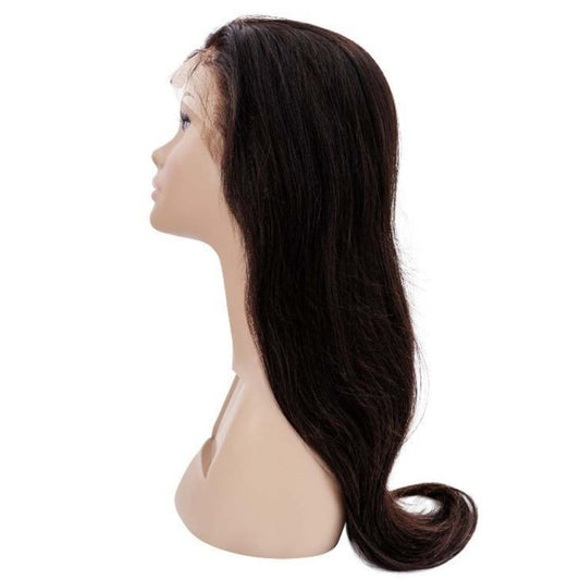 A mannequin head displays Hair Diamondz's Straight Full Lace Wig, featuring silky straight, dark brown hair elegantly cascading down the back. The profile view emphasizes the intricate facial structure and hairline, highlighting the sophistication of this virgin human hair wig.