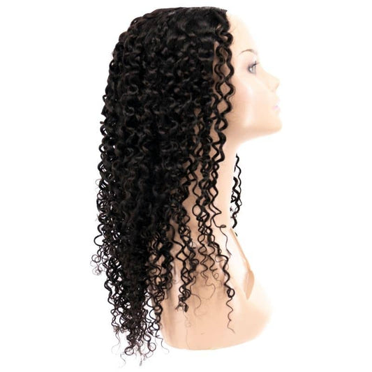 A profile view showcases a mannequin head wearing a hairdiamondz Brazilian Kinky Curly U-Part Wig, featuring long, glossy black Virgin Hair with well-defined curls cascading down past the shoulders. The mannequin's smooth and expressionless facial features stand out against the plain white background.