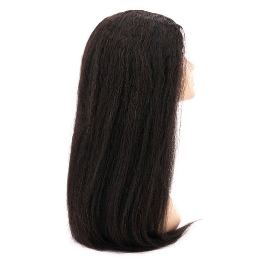A mannequin head presents the hairdiamondz Brazilian Kinky Straight U-Part Wig, featuring long, straight dark brown Virgin Hair with a natural texture. Positioned in profile view against a plain white background, this sophisticated display emphasizes the wig's impeccable design.
