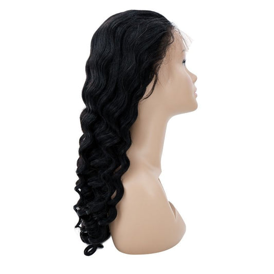 Side view of a mannequin head showcasing the hairdiamondz Brazilian Loose Wave Front Lace Wig. The long, wavy black hair cascades in loose curls beyond the shoulders, highlighting its natural texture and shine.