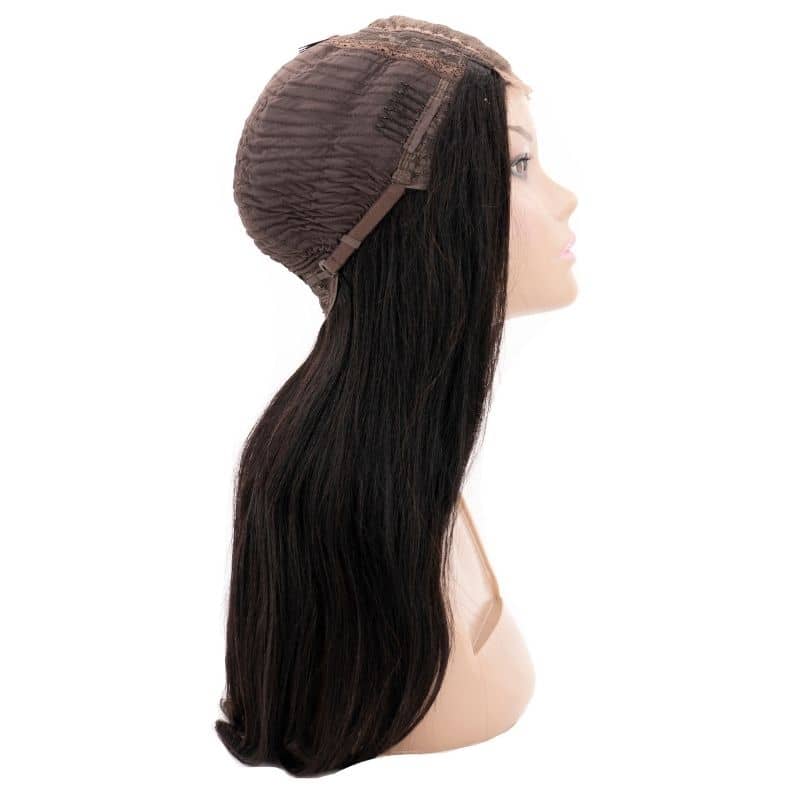 Profile view of the Straight Transparent Closure Wig by hairdiamondz, featuring long, straight black human hair and a visible brown wig cap with a transparent lace front on a mannequin head.