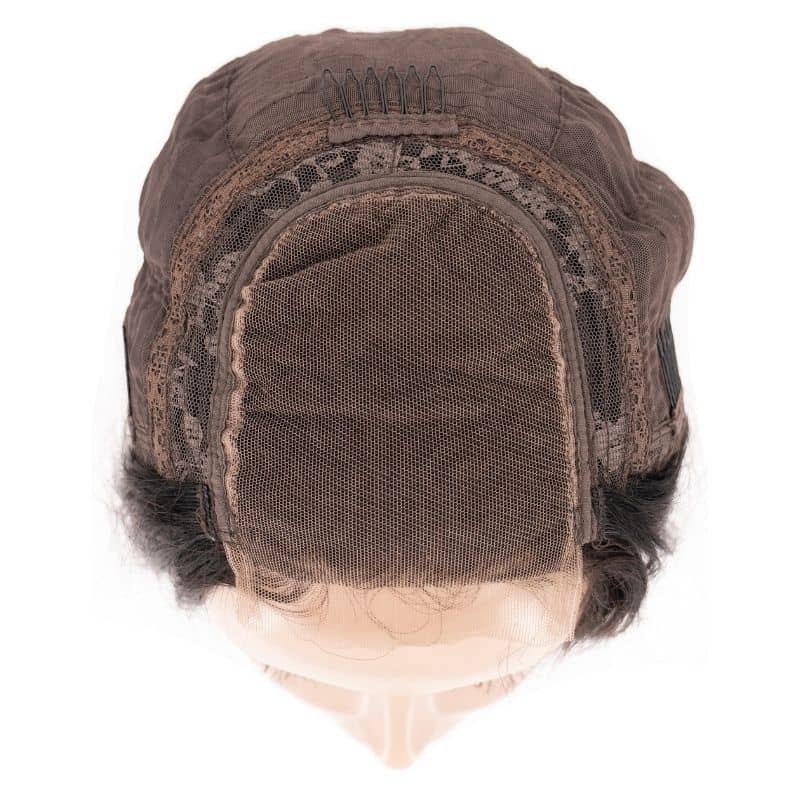 Here's a close-up view of the inside of the Straight Transparent Closure Wig by hairdiamondz, showcasing its transparent lace mesh and brown stitching. Combs are attached at the top for securing the wig, and virgin hair is positioned at its edges to enhance its natural look.