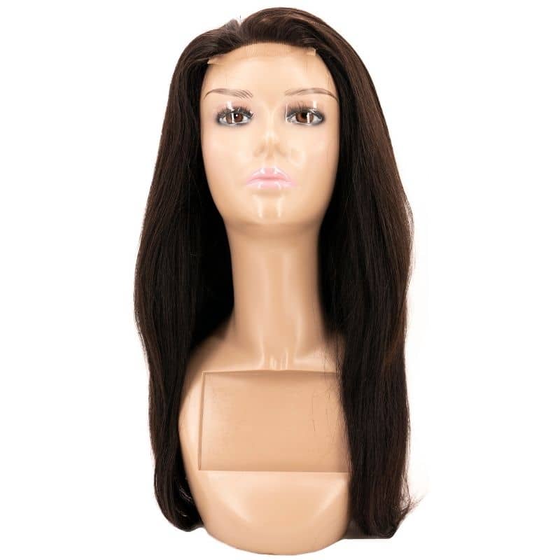 A hairdiamondz Straight Transparent Closure Wig featuring long, straight, dark brown virgin hair is set against a plain white background. The neutral expression enhances the realistic texture, complemented by the wig's transparent lace at the hairline for a seamless look.