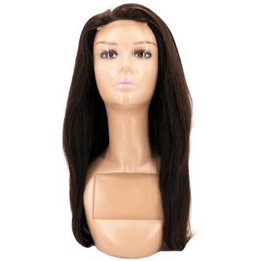 A hairdiamondz Straight Transparent Closure Wig featuring long, straight, dark brown virgin hair is set against a plain white background. The neutral expression enhances the realistic texture, complemented by the wig's transparent lace at the hairline for a seamless look.