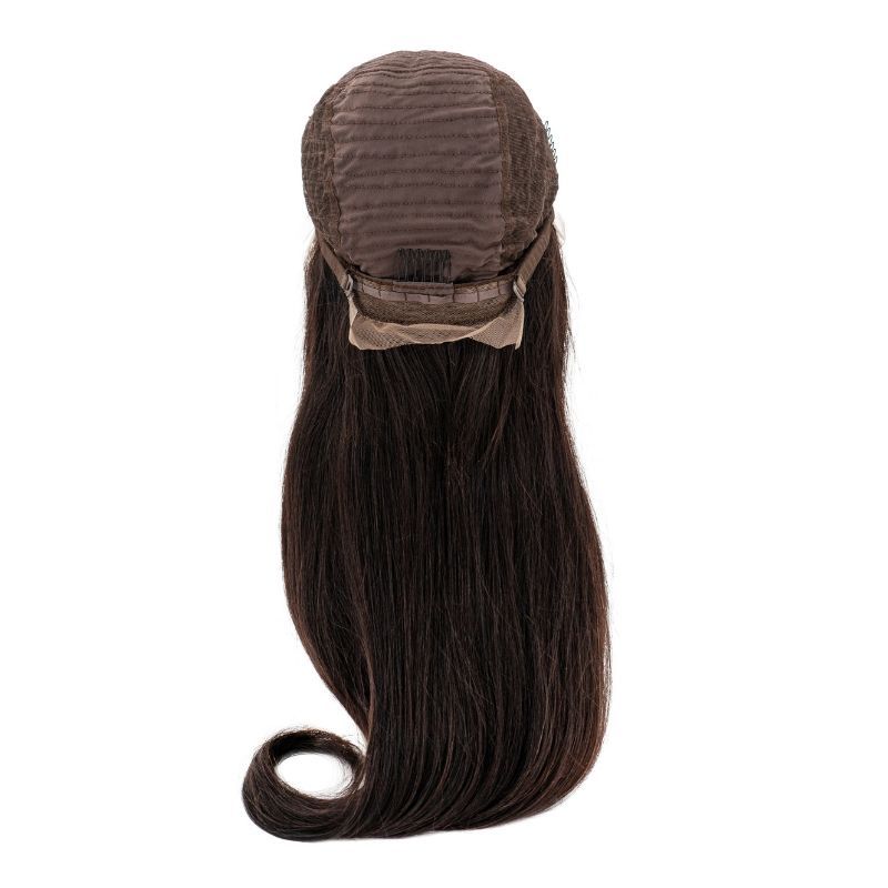 The Straight Front Lace Wig by hairdiamondz is made from long, brown virgin human hair with wavy ends and is attached to a beige mesh cap. It features detailed stitching and adjustable straps for a secure fit. This luxurious extension stands upright, highlighting its exceptional craftsmanship.