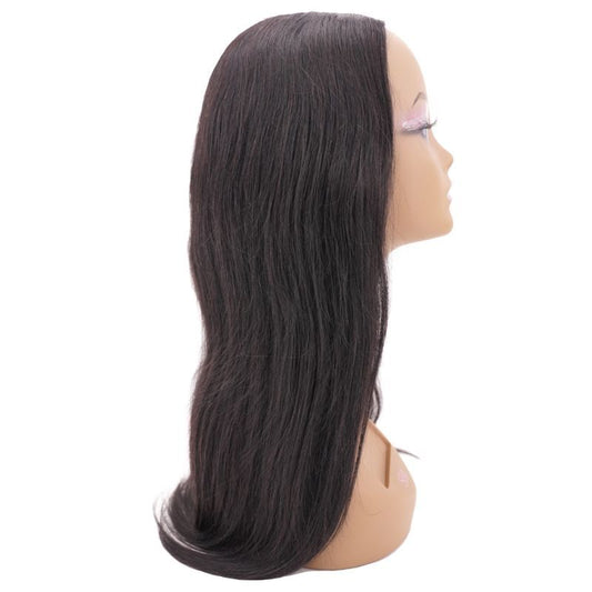 A mannequin head displays long, silky straight dark brown hair in profile, with tresses cascading below the shoulders. The hairdiamondz Brazilian Straight U-Part Wig introduces an element of sophistication. The mannequin is characterized by prominent eyelashes, while its facial features remain undefined.